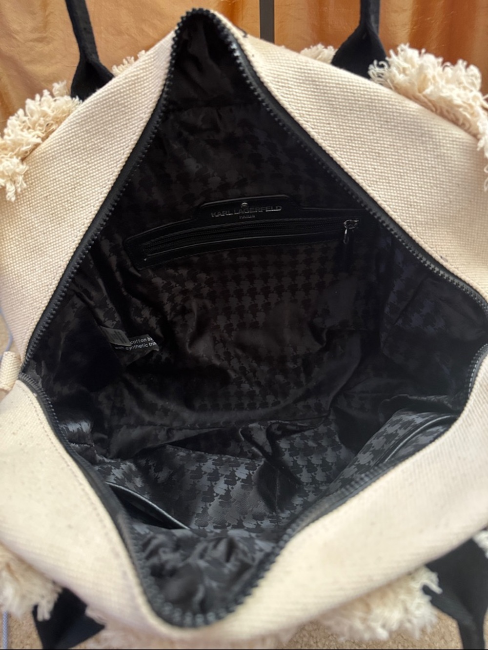 Karl Lagerfeld Canvas 'Bonjour' Fringe Tote in Cream and Black - Picture 3 of 10